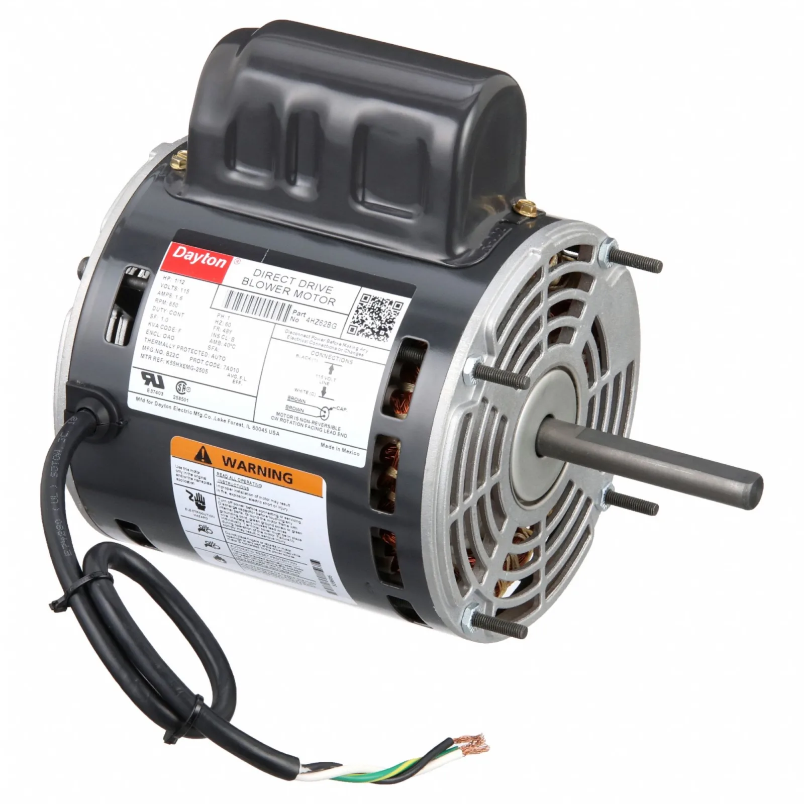 DAYTON Direct Drive Blower Motor: 1 Speed, Open Air-Over, Stud Mount, 1/12 HP, 850 Nameplate RPM, B