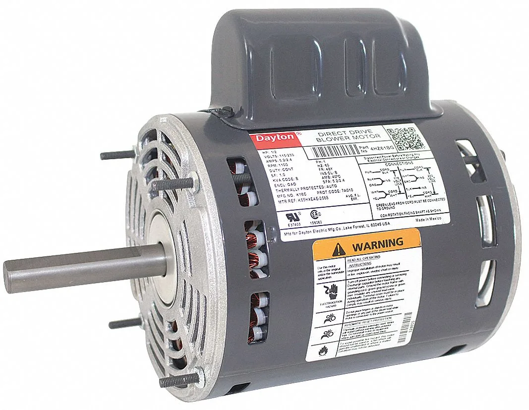 DAYTON Direct Drive Blower Motor: 1 Speed, Open Air-Over, Stud Mount, 1/2 HP, 1,100 Nameplate RPM