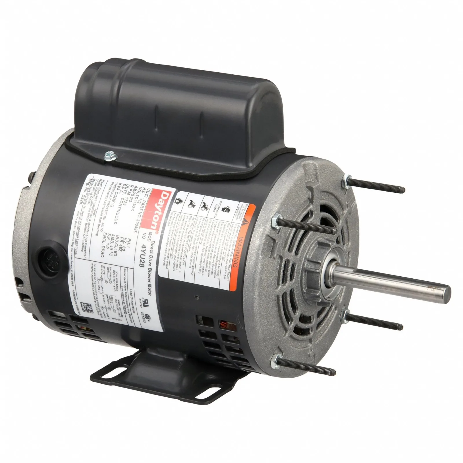 APPROVED VENDOR Direct Drive Blower Motor: 1 Speed, Open Air-Over, Stud/Rigid Base Mount, 1/2 HP