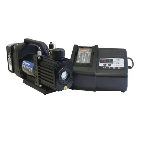 Mastercool 90058-AUT Cordless 2-Stage Vacuum Pump with 1/4 in. SAE Port, 1/2 in. ACME Adapter, 6A Battery, Charger, and Adap…