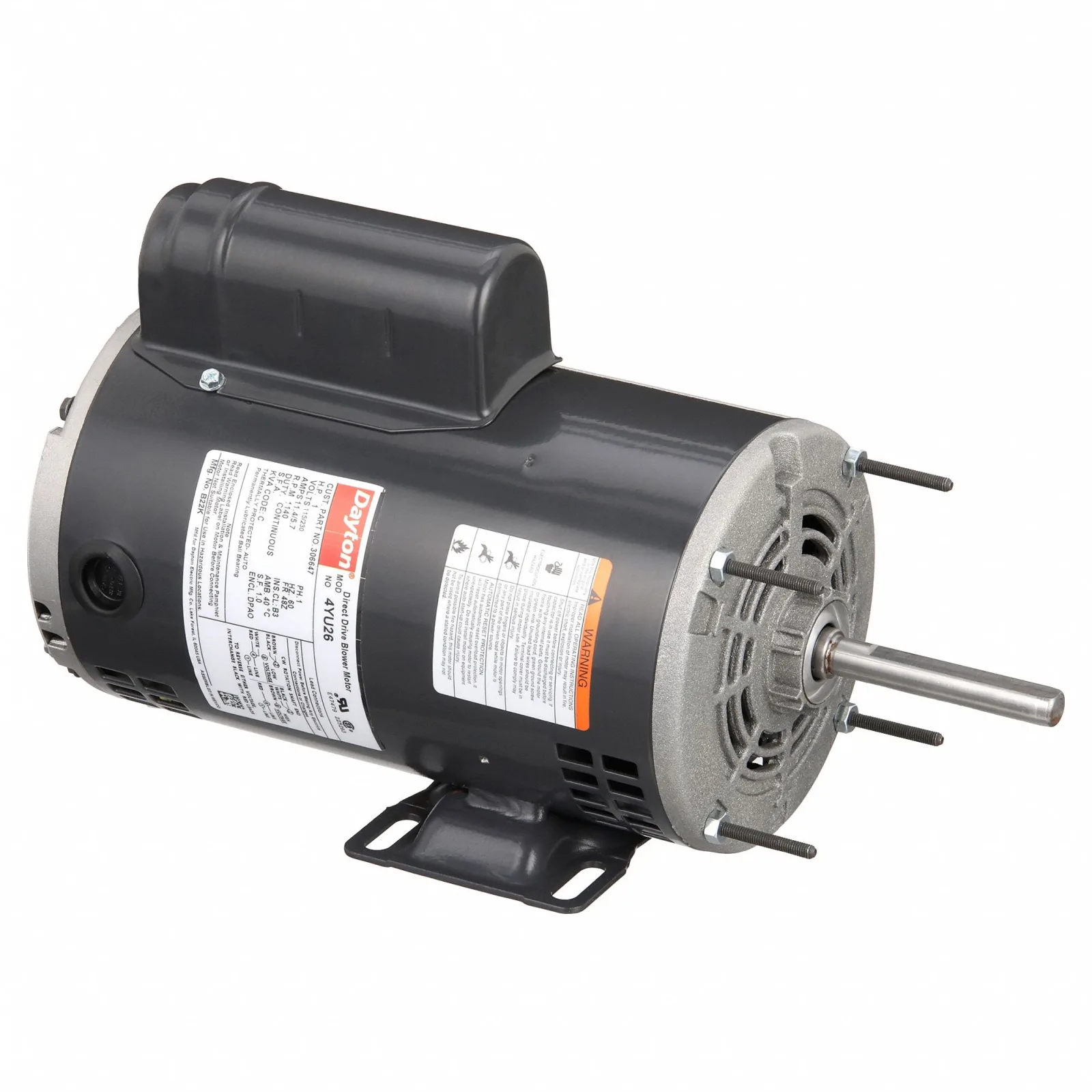 DAYTON Direct Drive Blower Motor: 1 Speed, Open Air-Over, Rigid Base Mount, 1 HP, 115/230V AC, Auto