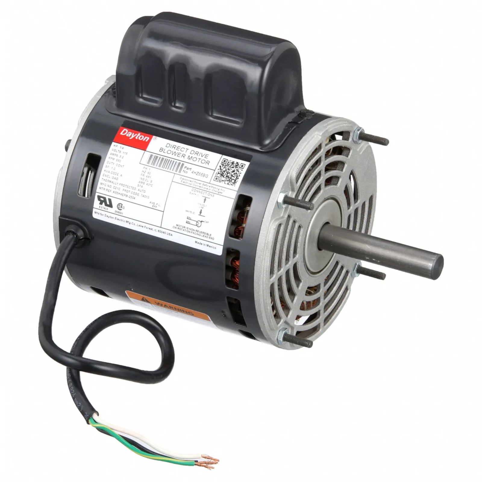 DAYTON Direct Drive Blower Motor: 1 Speed, Open Air-Over, Stud Mount, 1/4 HP, 850 Nameplate RPM