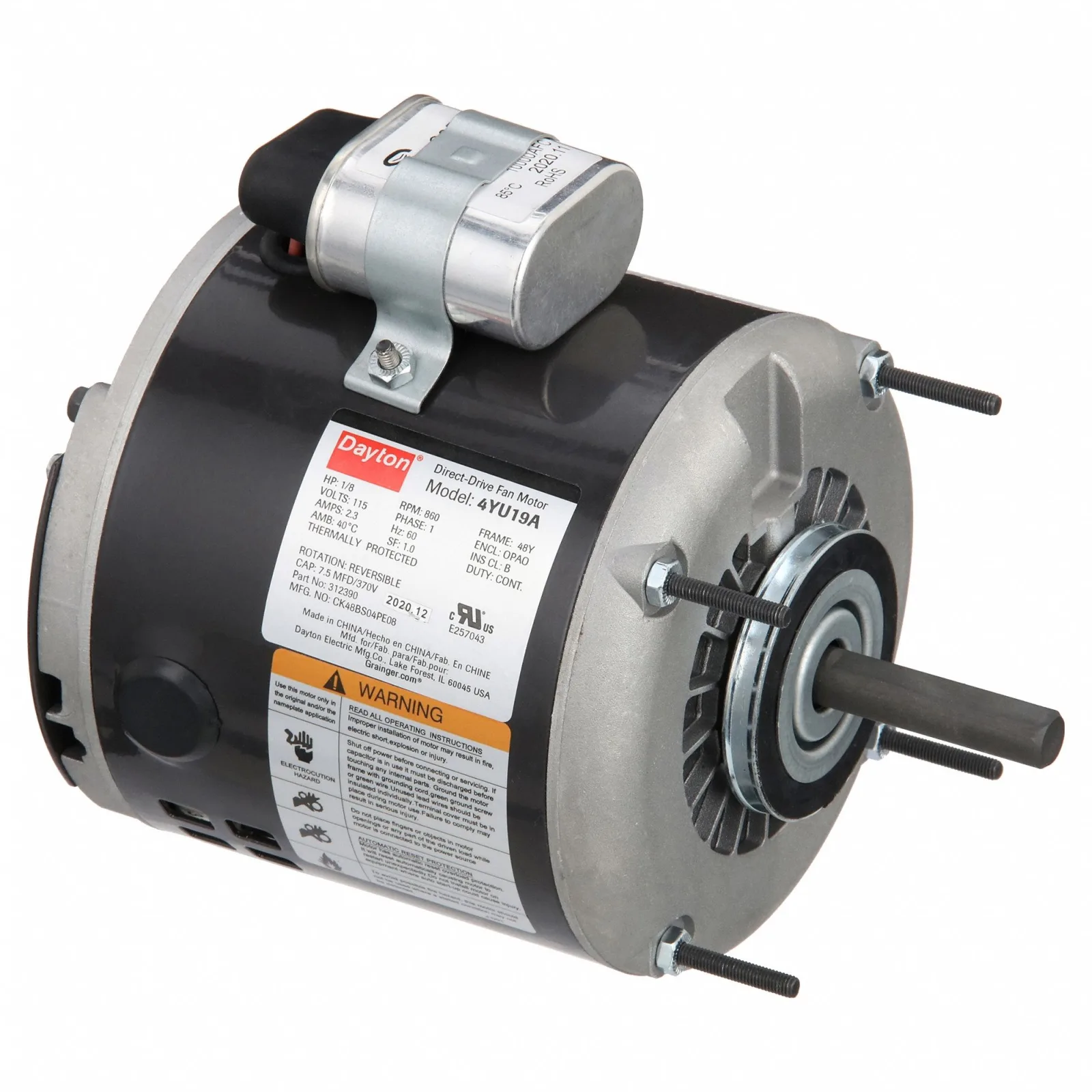 DAYTON Direct Drive Blower Motor: 1 Speed, Open Air-Over, Stud Mount, 1/8 HP, 860 Nameplate RPM