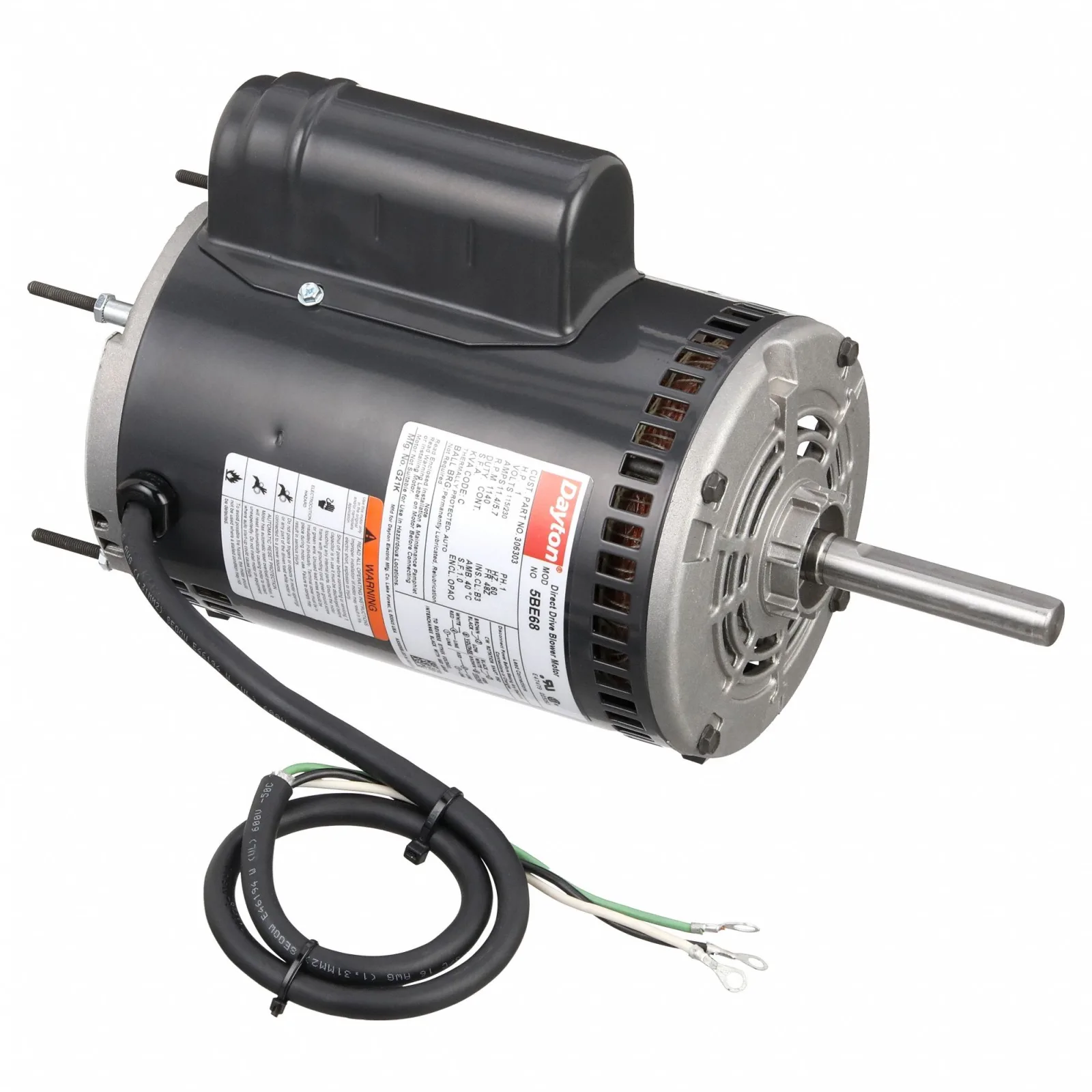 DAYTON Direct Drive Blower Motor: 1 Speed, Open Air-Over, Stud Mount, 1 HP, 1,140 Nameplate RPM