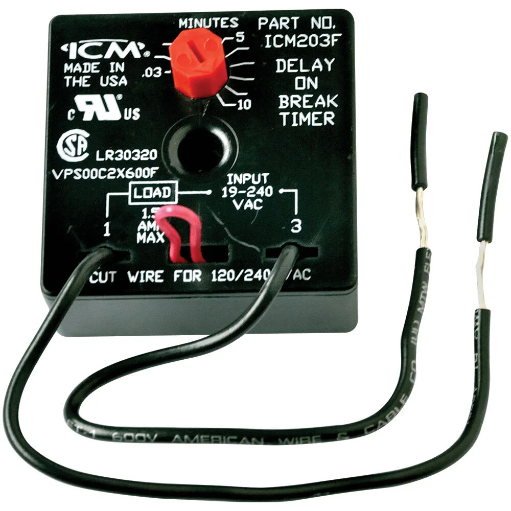 ICM Controls ICM203FB Delay on Break Timer, 0.03-10 Min, 18-240 VAC, 6" Leads ICM Controls ICM203FB Delay on Break Timer, 0.03-10 Min, 18-240 VAC, 6" Leads